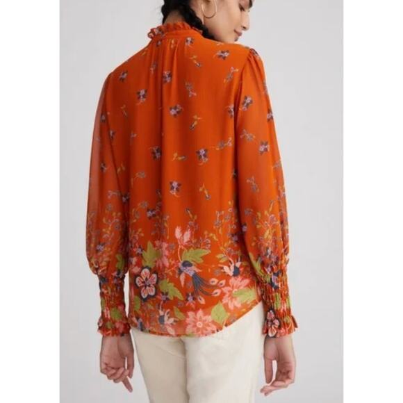 Anthropologie Womens Floral Chiffon Top Large Burnt Orange Floral Long Sleeve - Picture 3 of 13